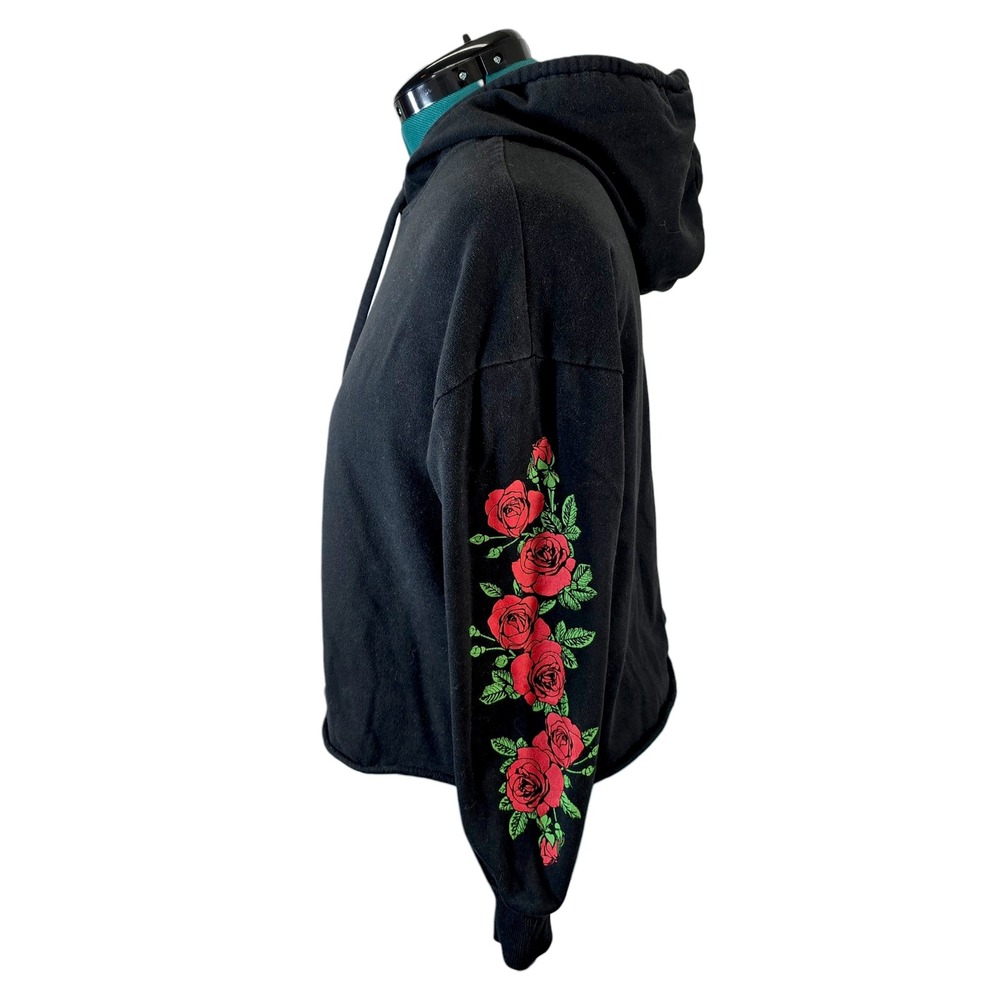 Rebellious One Womens Black Rose Floral Graphic Cropped Hoodie Sweatshirt L - Picture 4 of 9